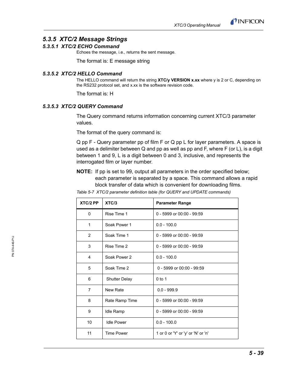 5 xtc/2 message strings, 1 xtc/2 echo command, 2 xtc/2 hello command | 3 xtc/2 query command | INFICON XTC/3 Thin Film Deposition Controller Operating Manual User Manual | Page 151 / 216