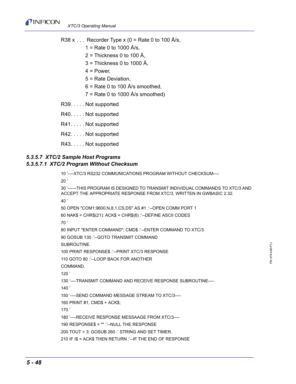 7 xtc/2 sample host programs, 1 xtc/2 program without checksum | INFICON XTC/3 Thin Film Deposition Controller Operating Manual User Manual | Page 160 / 216