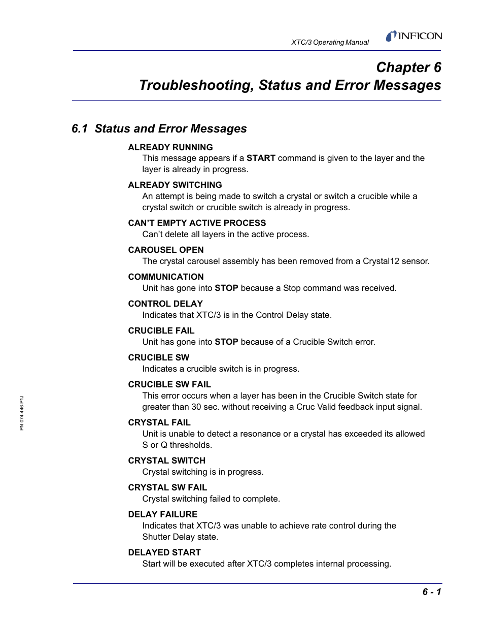 1 status and error messages, Chapter 6 | INFICON XTC/3 Thin Film Deposition Controller Operating Manual User Manual | Page 163 / 216