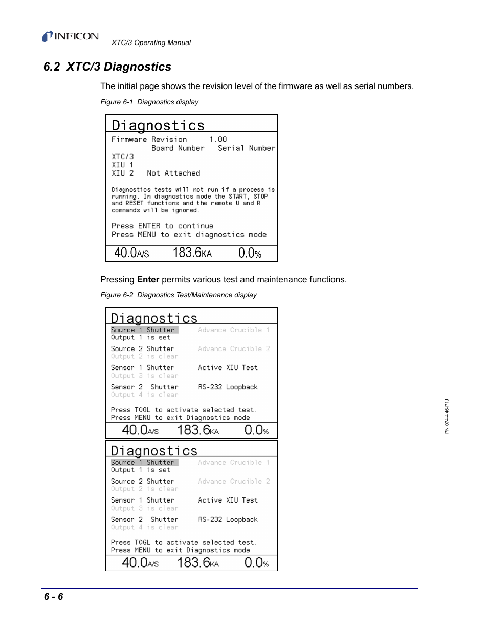 2 xtc/3 diagnostics, Nder, Section 6.2, xtc/3 diagnostics, on | INFICON XTC/3 Thin Film Deposition Controller Operating Manual User Manual | Page 168 / 216