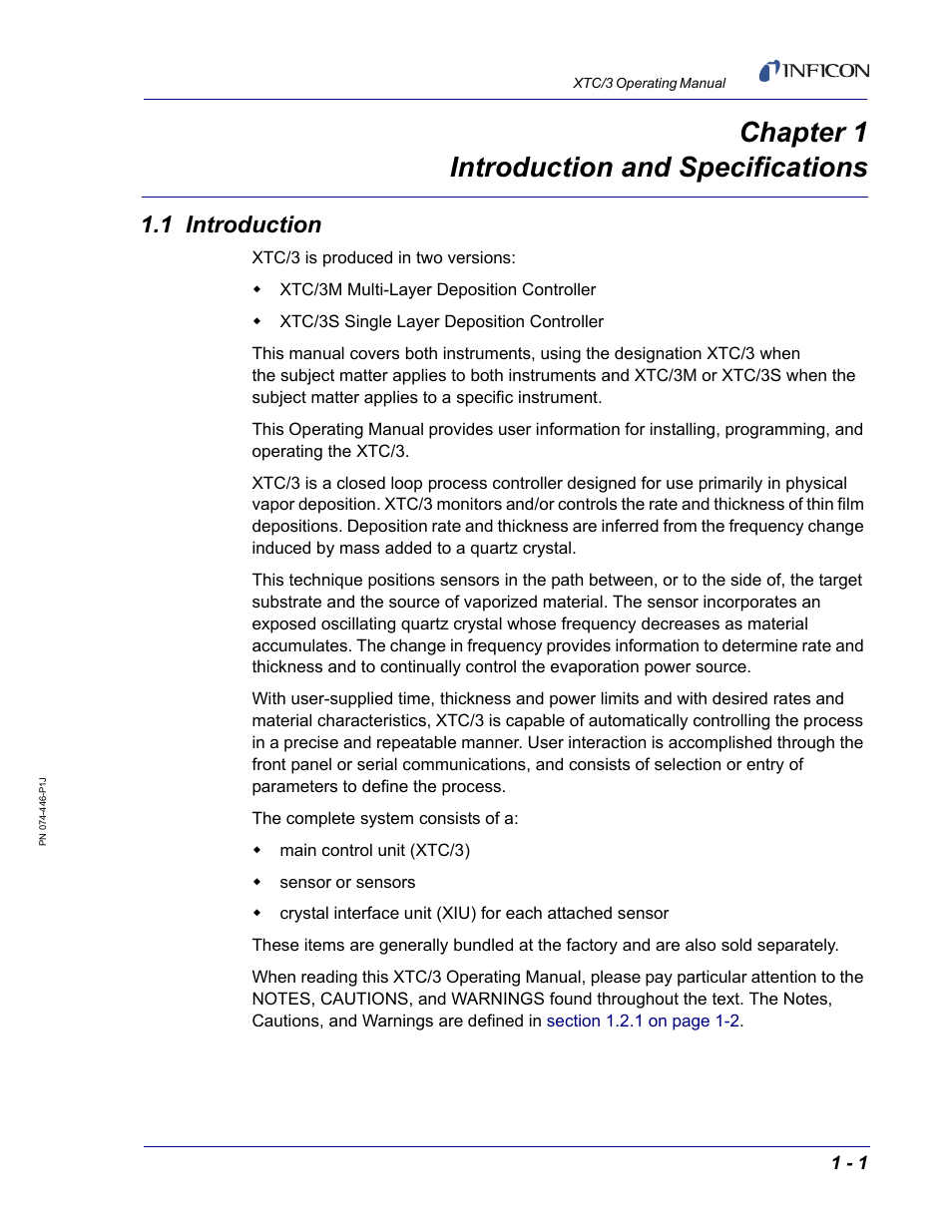 Chapter 1 introduction and specifications, 1 introduction, Chapter 1 | INFICON XTC/3 Thin Film Deposition Controller Operating Manual User Manual | Page 17 / 216