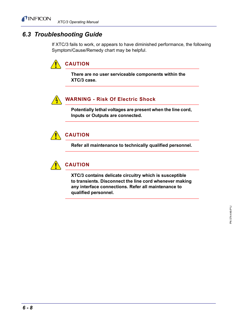 3 troubleshooting guide, Caution, Warning - risk of electric shock | INFICON XTC/3 Thin Film Deposition Controller Operating Manual User Manual | Page 170 / 216