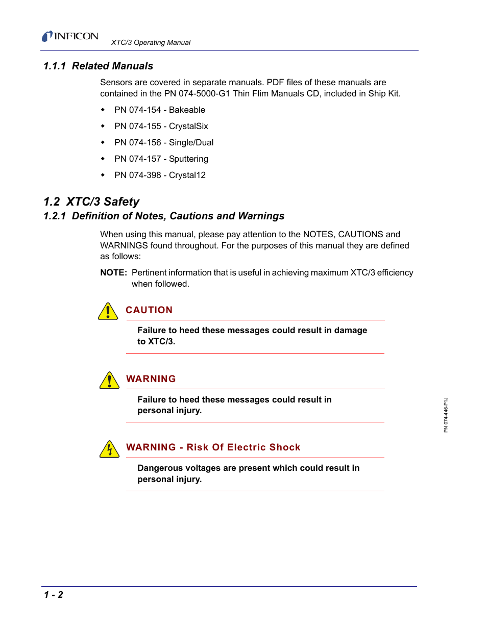 1 related manuals, 2 xtc/3 safety, 1 definition of notes, cautions and warnings | INFICON XTC/3 Thin Film Deposition Controller Operating Manual User Manual | Page 18 / 216