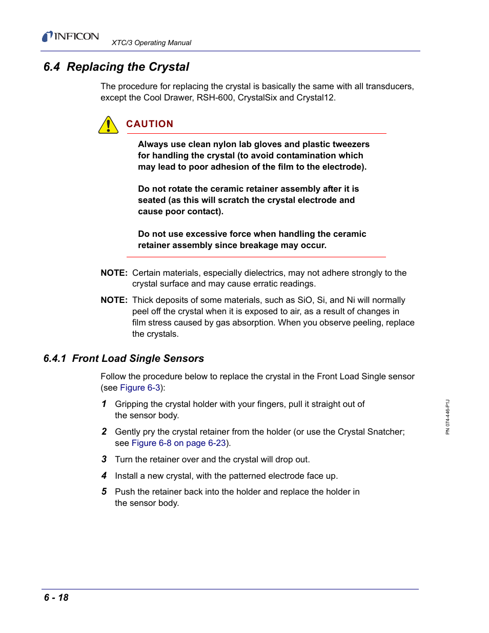 4 replacing the crystal, 1 front load single sensors | INFICON XTC/3 Thin Film Deposition Controller Operating Manual User Manual | Page 180 / 216