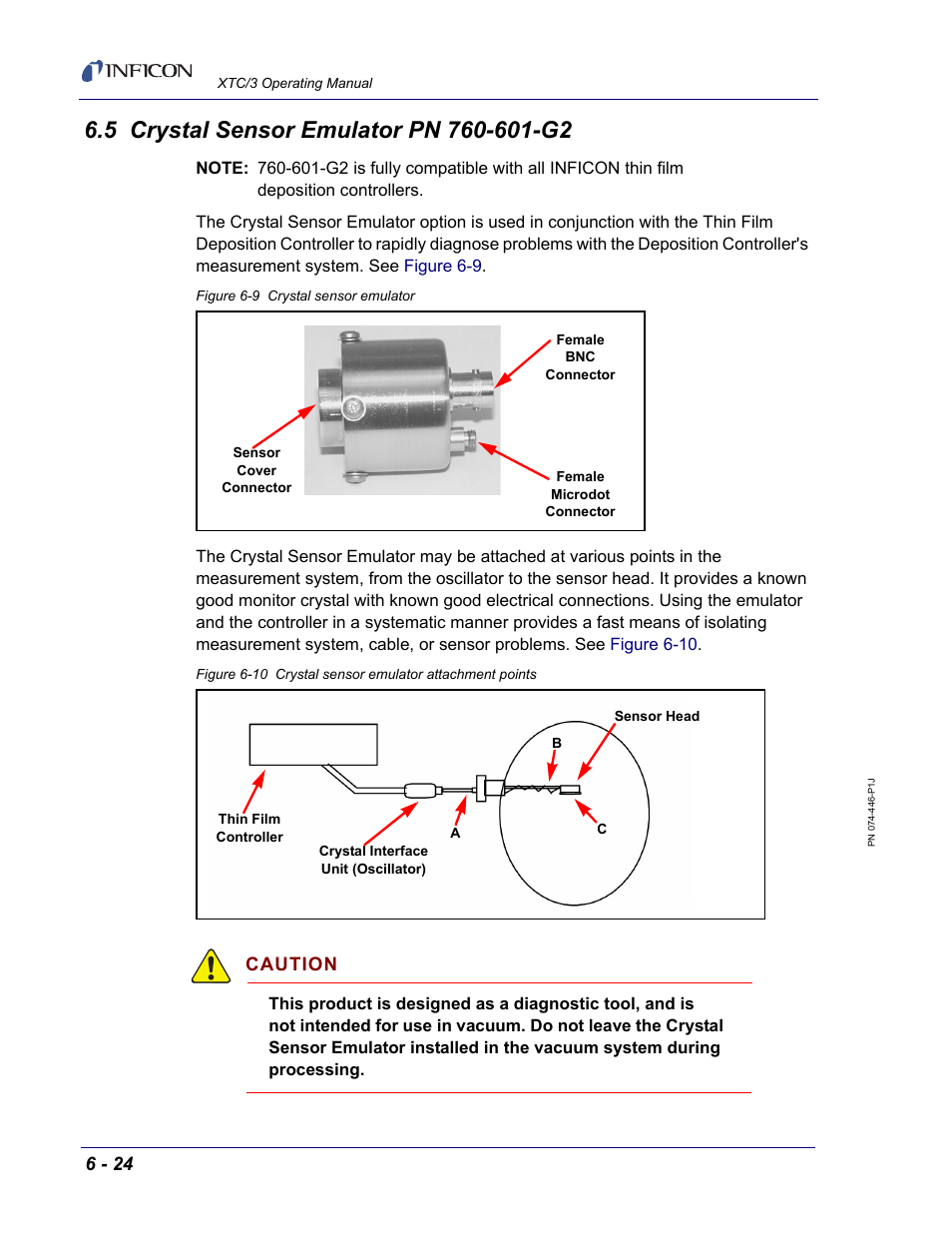 5 crystal sensor emulator pn 760-601-g2, Caution | INFICON XTC/3 Thin Film Deposition Controller Operating Manual User Manual | Page 186 / 216