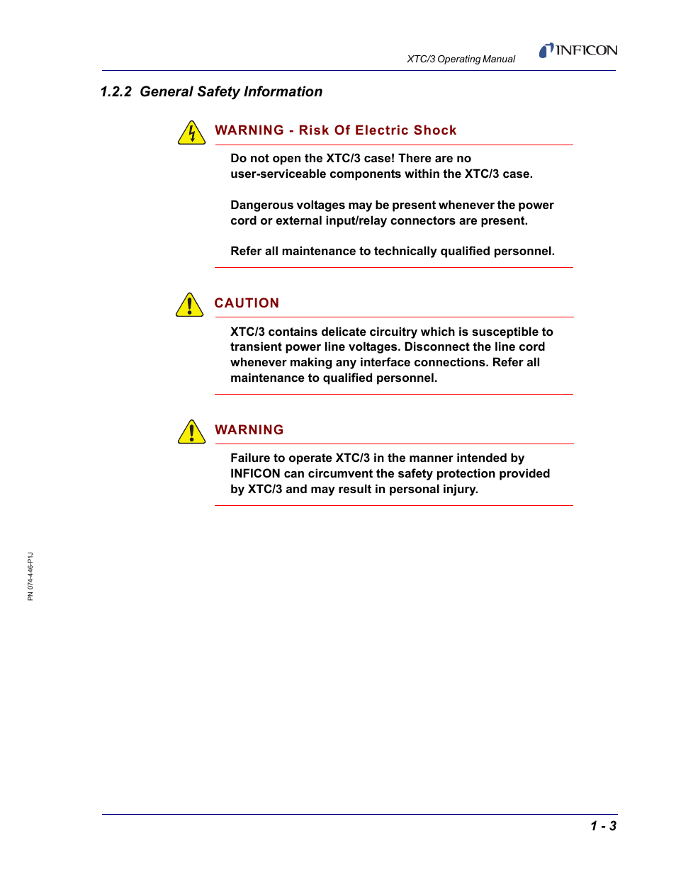 2 general safety information, Warning - risk of electric shock, Caution | Warning | INFICON XTC/3 Thin Film Deposition Controller Operating Manual User Manual | Page 19 / 216