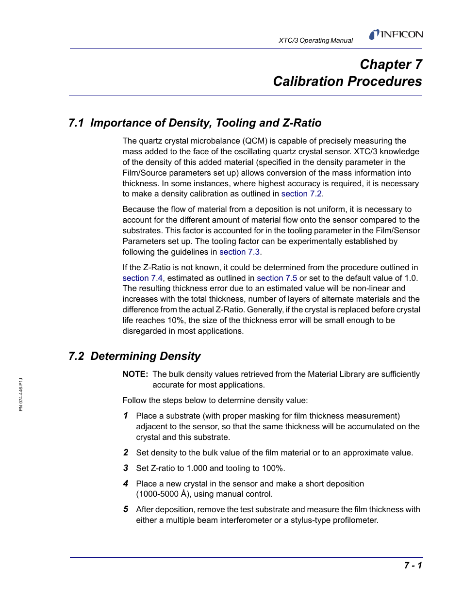 Chapter 7 calibration procedures, 1 importance of density, tooling and z-ratio, 2 determining density | Chapter 7 | INFICON XTC/3 Thin Film Deposition Controller Operating Manual User Manual | Page 193 / 216