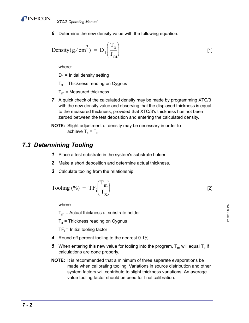 3 determining tooling, Section 7.3, Density g cm | Tooling (%) tf | INFICON XTC/3 Thin Film Deposition Controller Operating Manual User Manual | Page 194 / 216