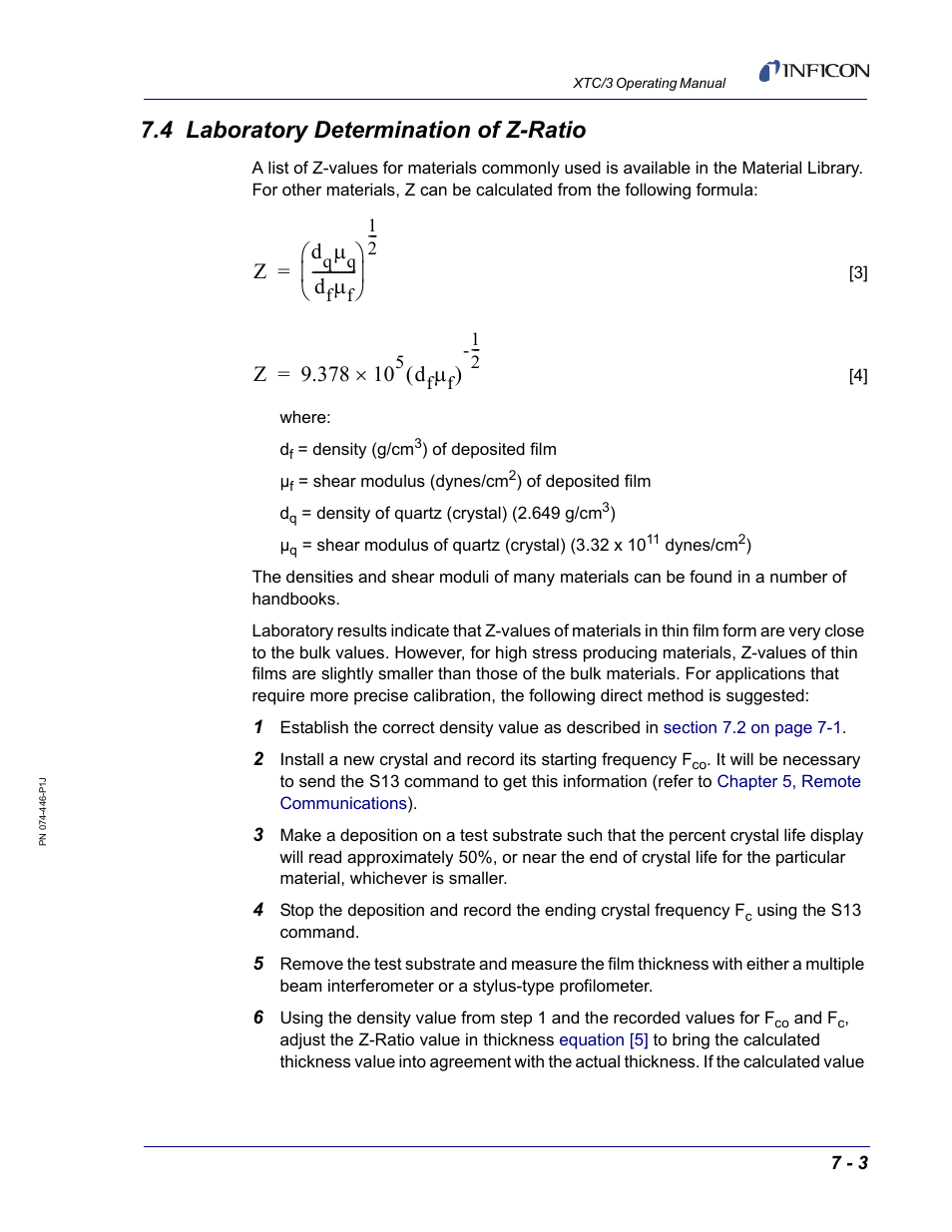 4 laboratory determination of z-ratio, Section 7.4 | INFICON XTC/3 Thin Film Deposition Controller Operating Manual User Manual | Page 195 / 216