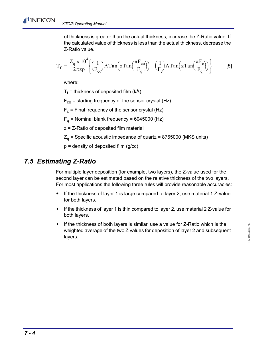 5 estimating z-ratio, Section 7.5, In thickness | Equation [5 | INFICON XTC/3 Thin Film Deposition Controller Operating Manual User Manual | Page 196 / 216