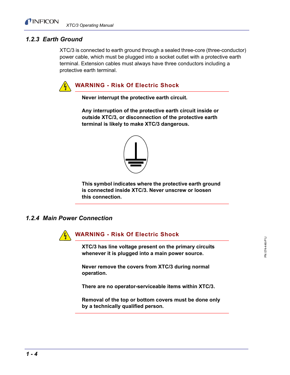 3 earth ground, 4 main power connection | INFICON XTC/3 Thin Film Deposition Controller Operating Manual User Manual | Page 20 / 216