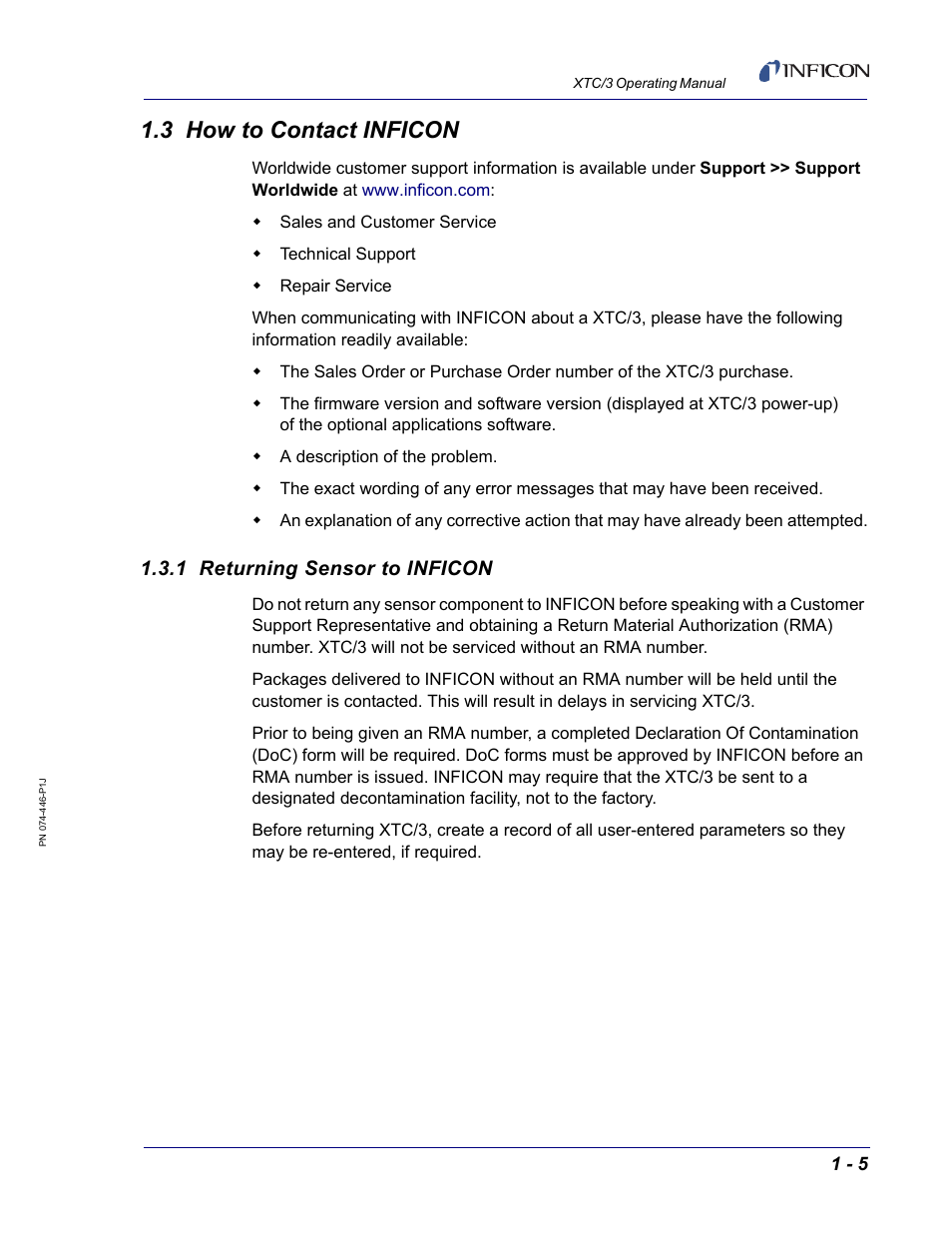 3 how to contact inficon, 1 returning sensor to inficon | INFICON XTC/3 Thin Film Deposition Controller Operating Manual User Manual | Page 21 / 216