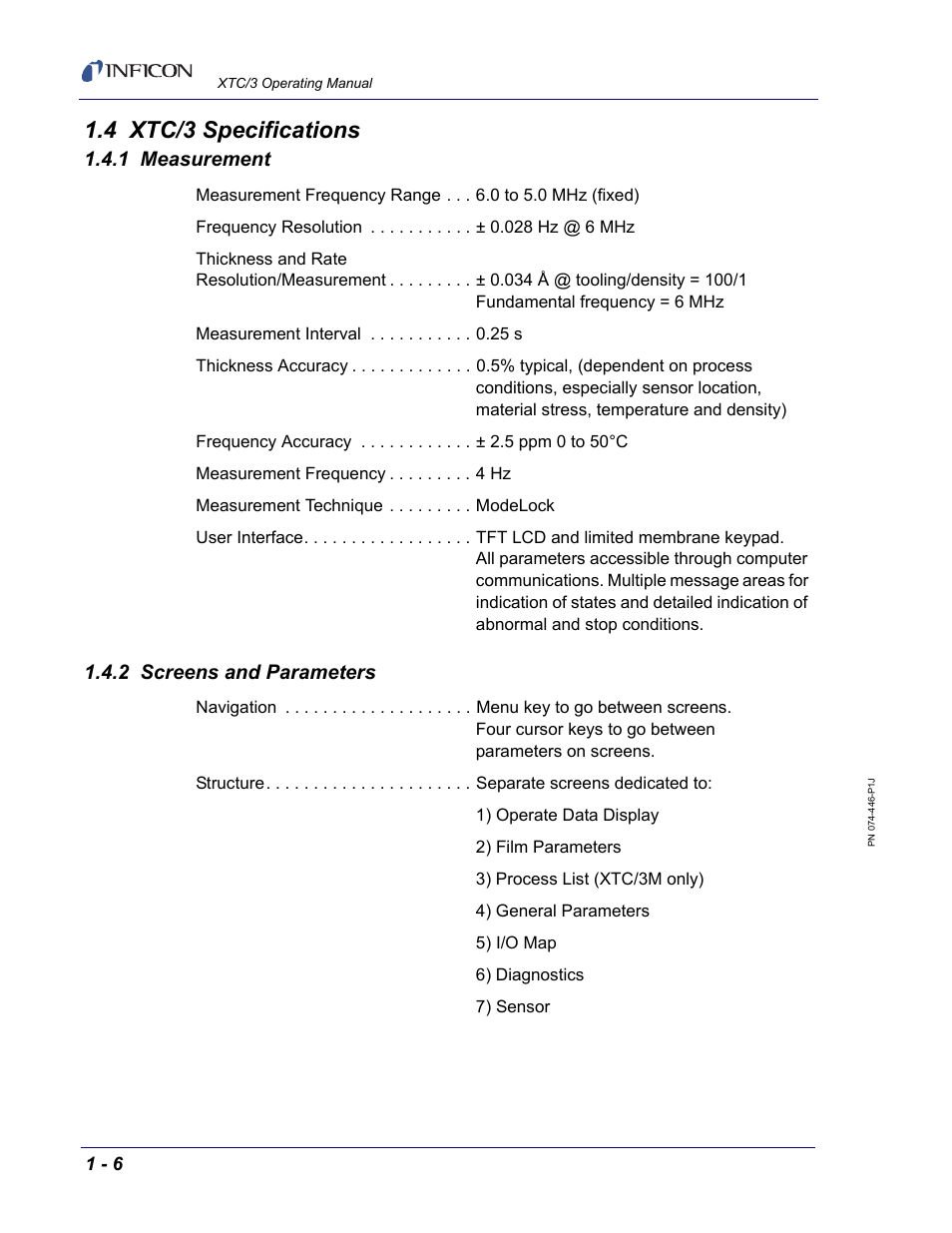 4 xtc/3 specifications, 1 measurement, 2 screens and parameters | INFICON XTC/3 Thin Film Deposition Controller Operating Manual User Manual | Page 22 / 216