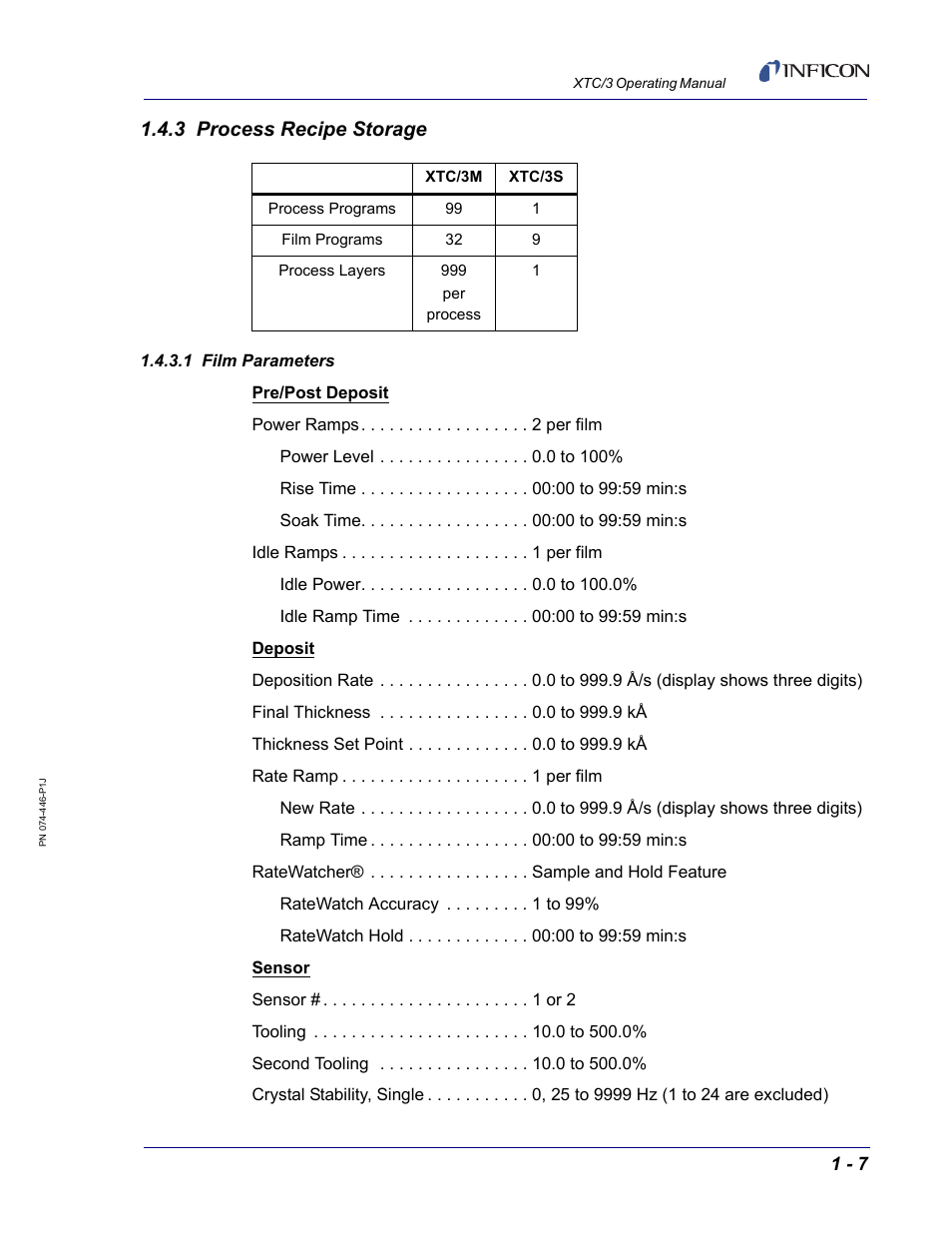 3 process recipe storage, 1 film parameters | INFICON XTC/3 Thin Film Deposition Controller Operating Manual User Manual | Page 23 / 216