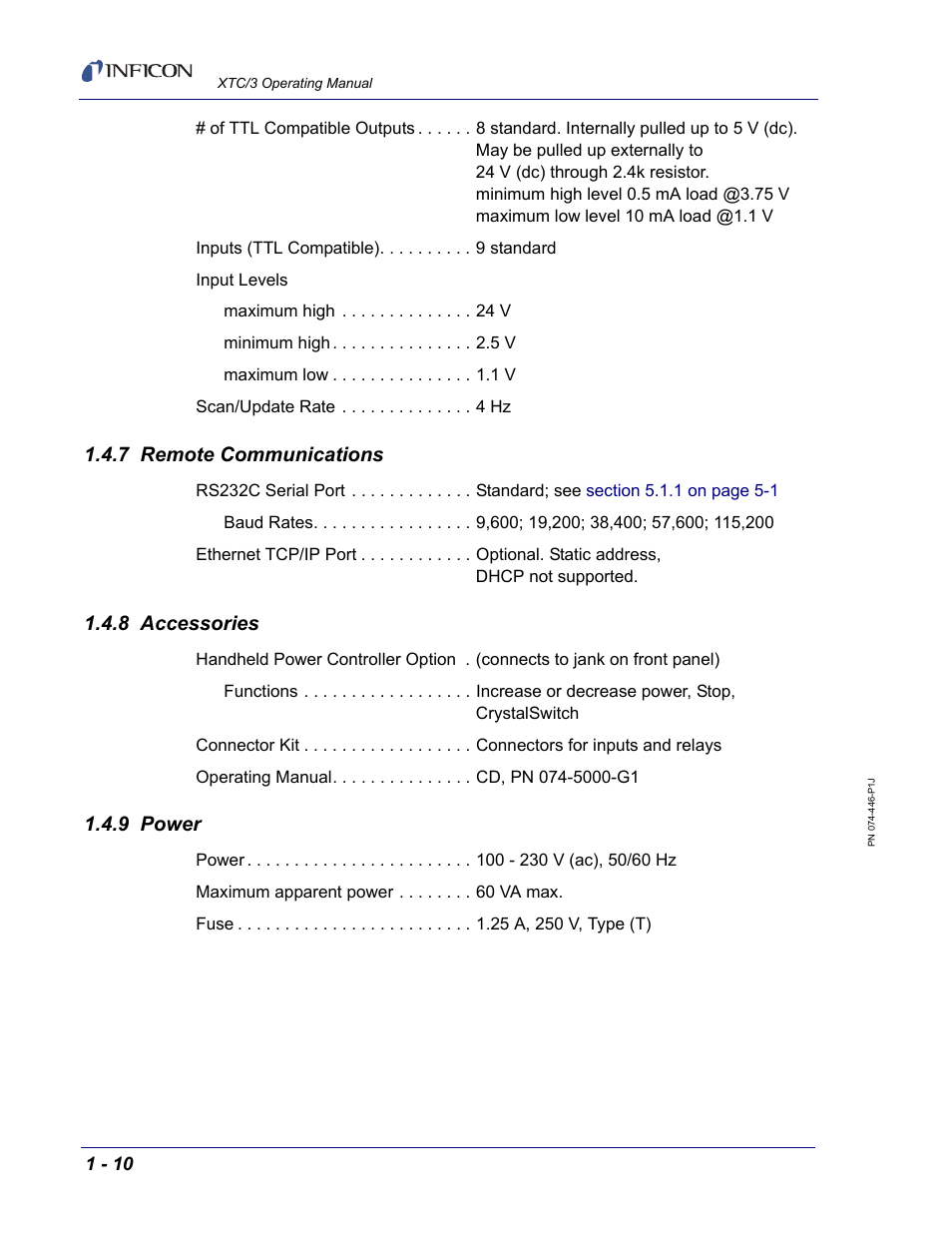 7 remote communications, 8 accessories, 9 power | INFICON XTC/3 Thin Film Deposition Controller Operating Manual User Manual | Page 26 / 216