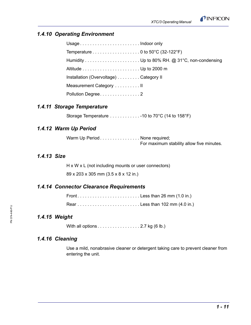 10 operating environment, 11 storage temperature, 12 warm up period | 13 size, 14 connector clearance requirements, 15 weight, 16 cleaning | INFICON XTC/3 Thin Film Deposition Controller Operating Manual User Manual | Page 27 / 216
