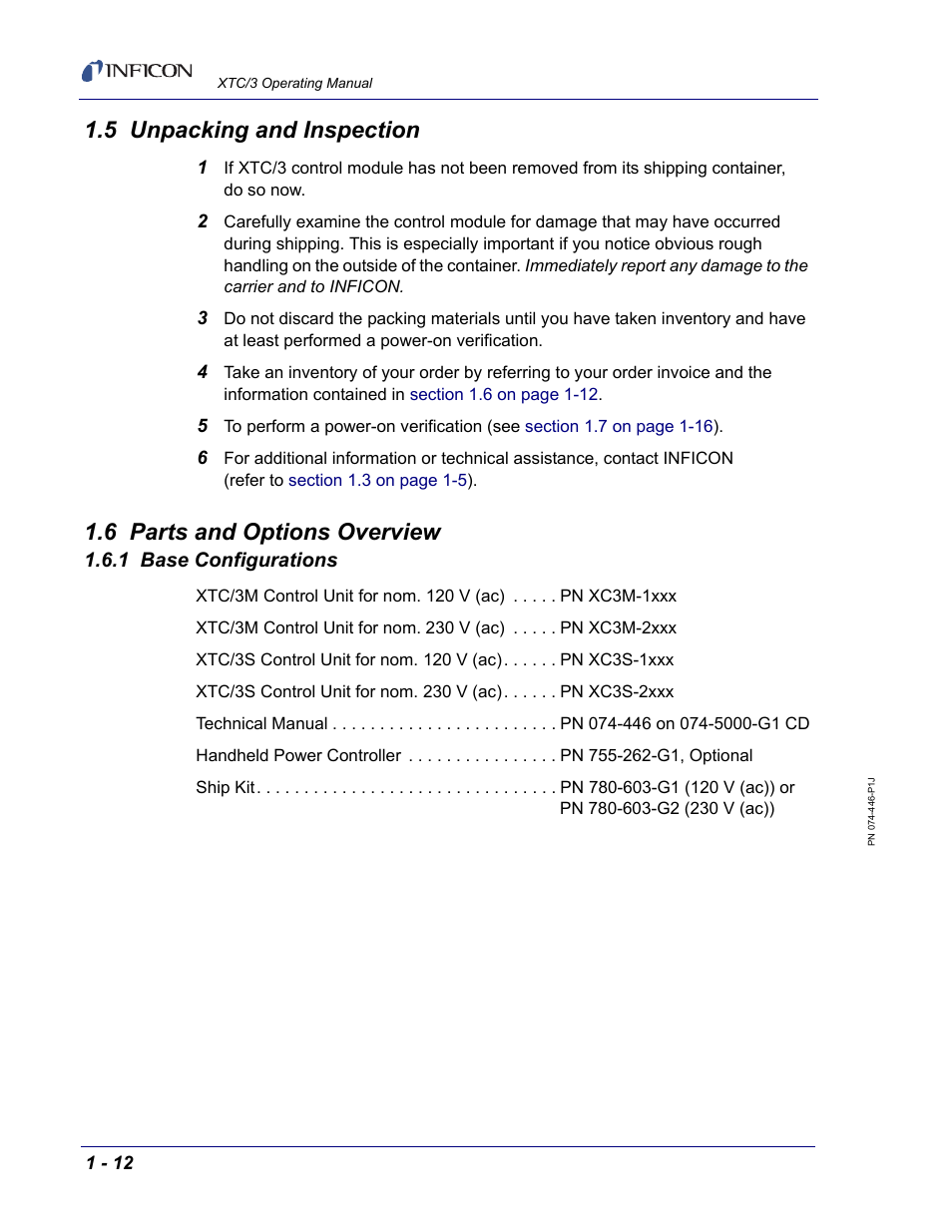5 unpacking and inspection, 6 parts and options overview, 1 base configurations | INFICON XTC/3 Thin Film Deposition Controller Operating Manual User Manual | Page 28 / 216