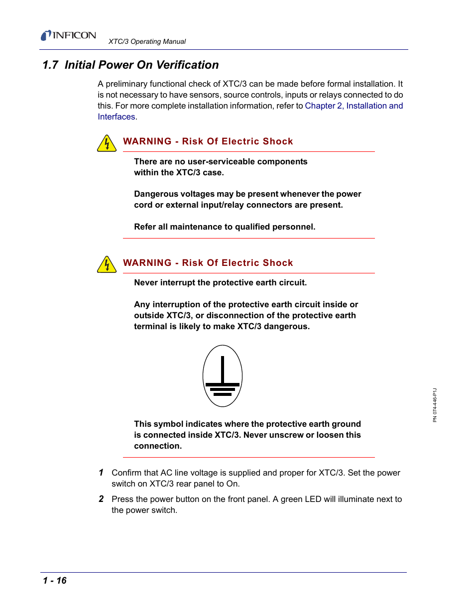 7 initial power on verification, Wer-on verification (see | INFICON XTC/3 Thin Film Deposition Controller Operating Manual User Manual | Page 32 / 216