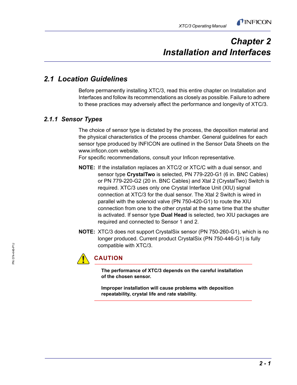 Chapter 2 installation and interfaces, 1 location guidelines, 1 sensor types | Chapter 2 | INFICON XTC/3 Thin Film Deposition Controller Operating Manual User Manual | Page 35 / 216