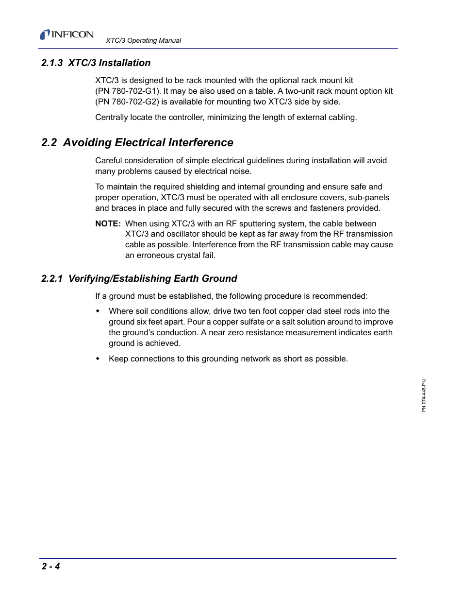 3 xtc/3 installation, 2 avoiding electrical interference, 1 verifying/establishing earth ground | INFICON XTC/3 Thin Film Deposition Controller Operating Manual User Manual | Page 38 / 216