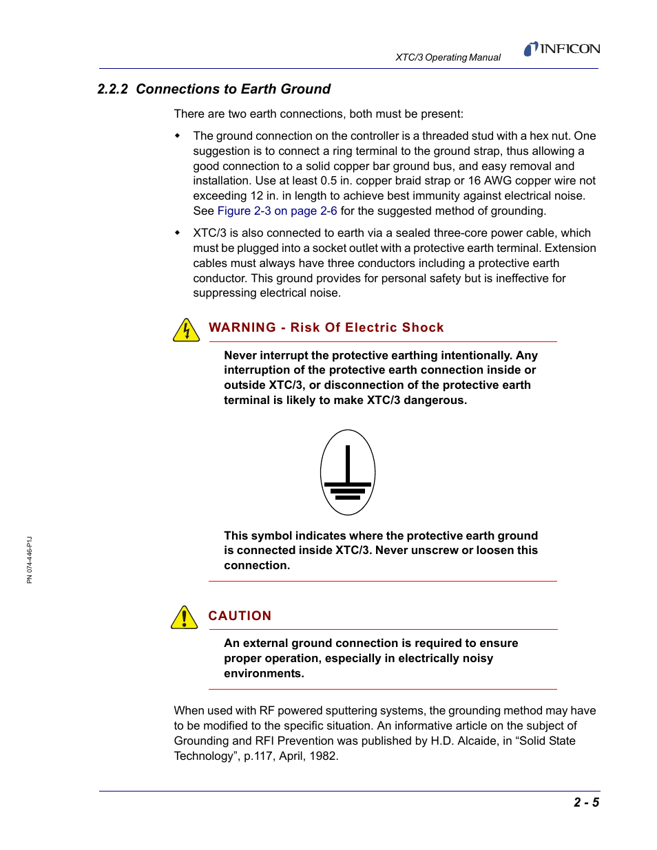2 connections to earth ground | INFICON XTC/3 Thin Film Deposition Controller Operating Manual User Manual | Page 39 / 216