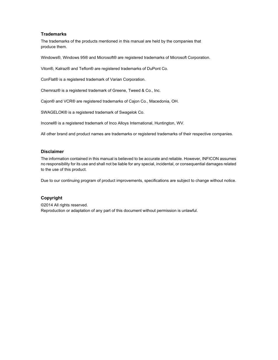 Trademarks, Disclaimer, Copyright | INFICON XTC/3 Thin Film Deposition Controller Operating Manual User Manual | Page 4 / 216