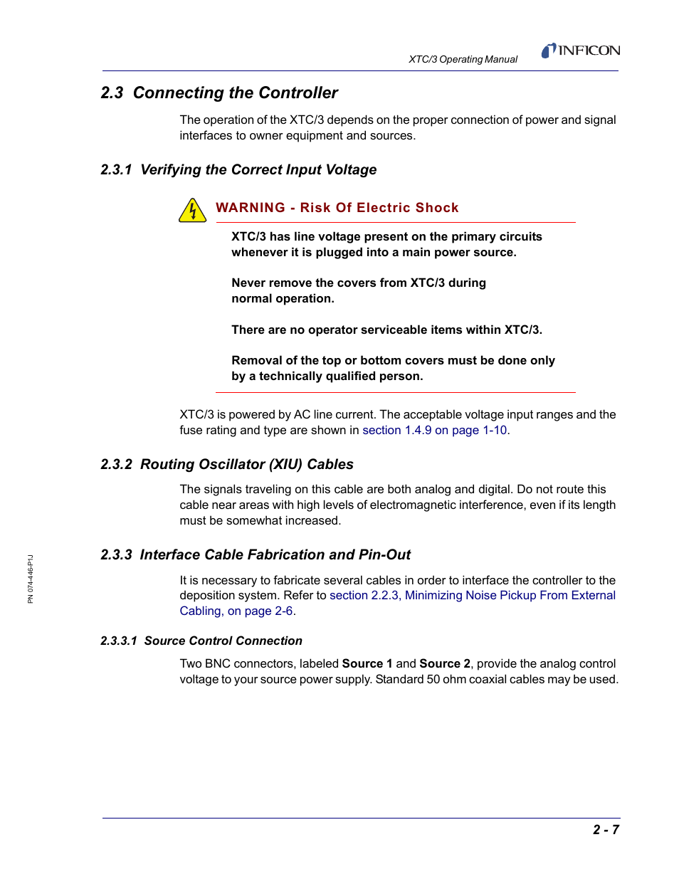 3 connecting the controller, 1 verifying the correct input voltage, 2 routing oscillator (xiu) cables | 3 interface cable fabrication and pin-out, 1 source control connection | INFICON XTC/3 Thin Film Deposition Controller Operating Manual User Manual | Page 41 / 216