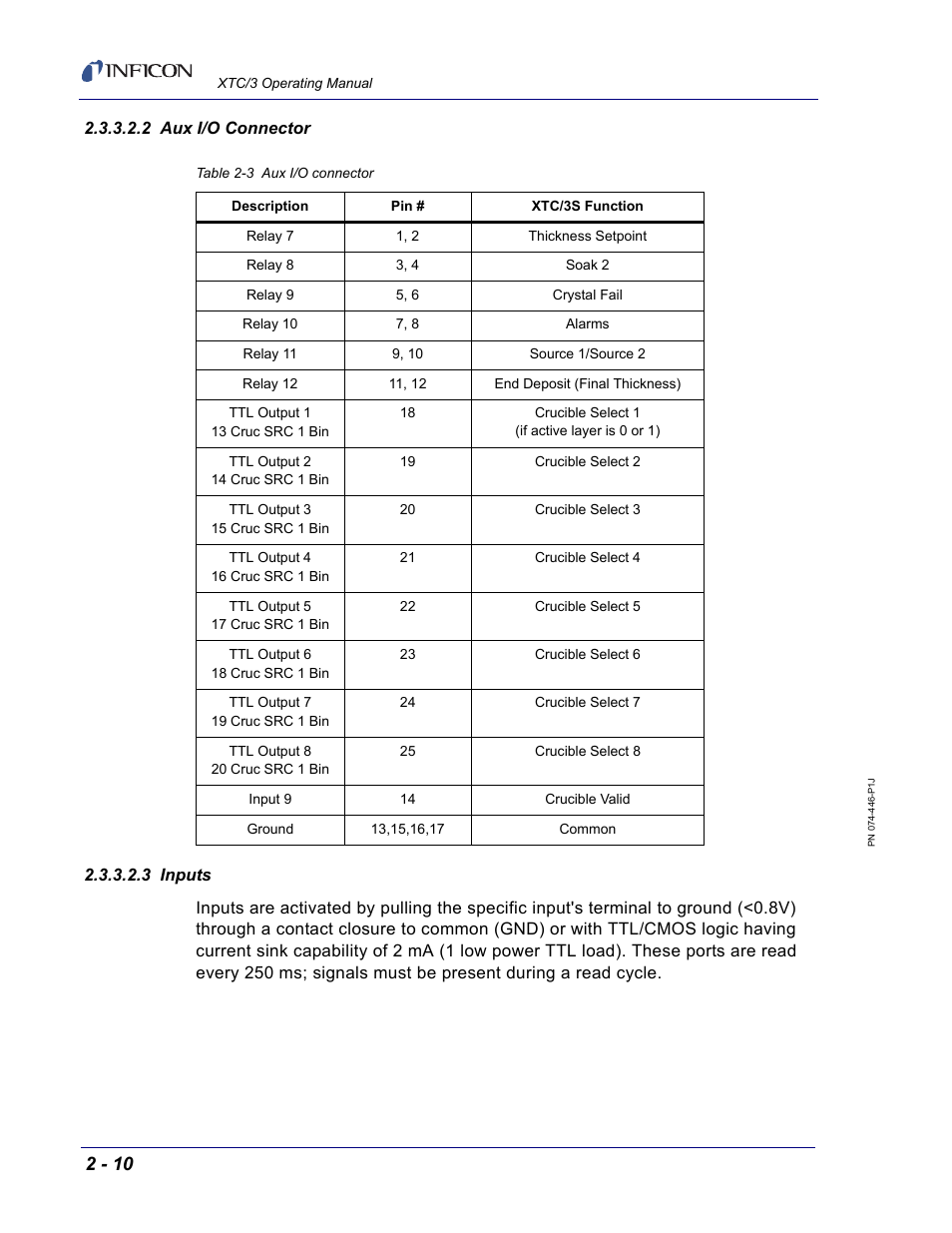 2 aux i/o connector, 3 inputs | INFICON XTC/3 Thin Film Deposition Controller Operating Manual User Manual | Page 44 / 216