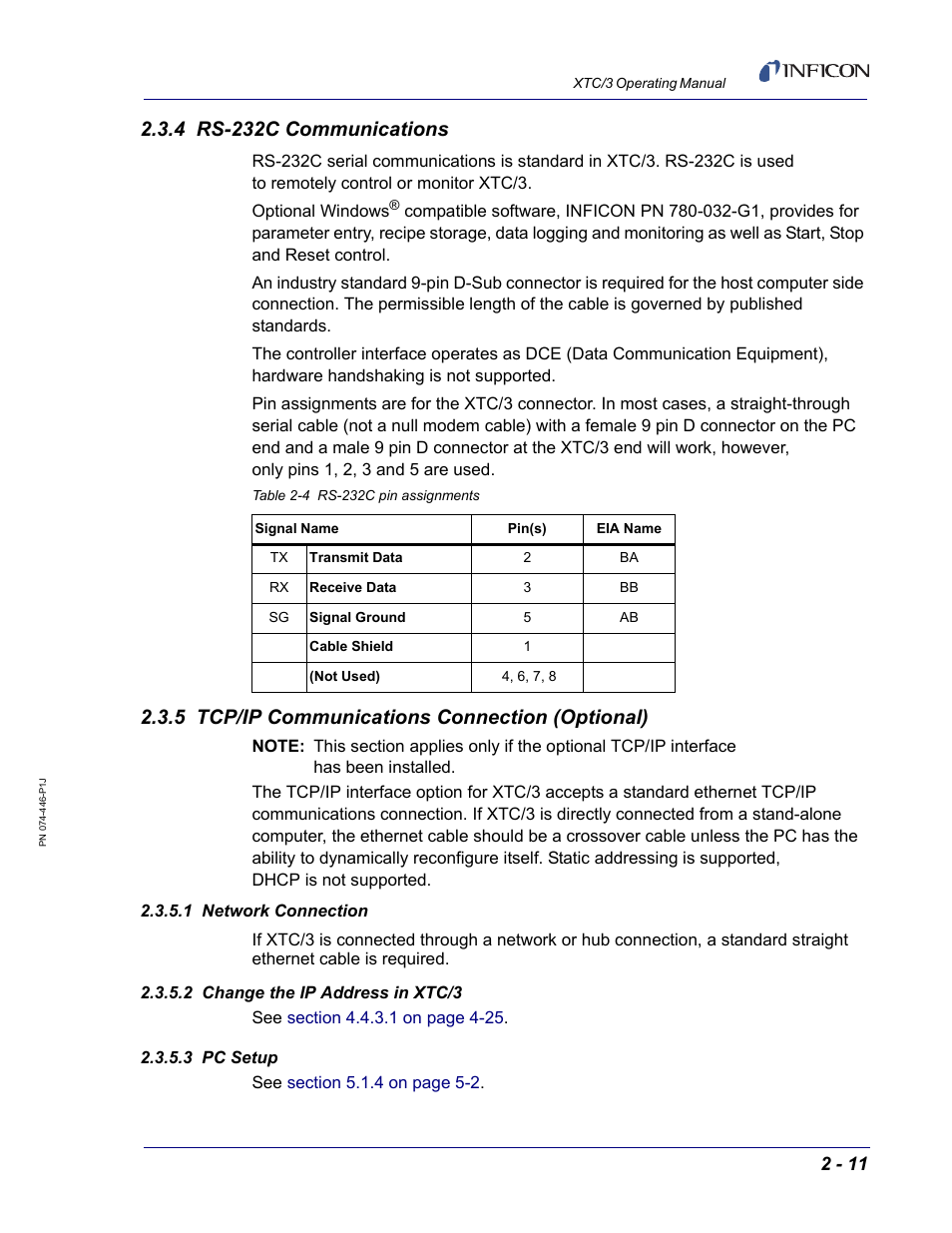 4 rs-232c communications, 5 tcp/ip communications connection (optional), 1 network connection | 2 change the ip address in xtc/3, 3 pc setup | INFICON XTC/3 Thin Film Deposition Controller Operating Manual User Manual | Page 45 / 216
