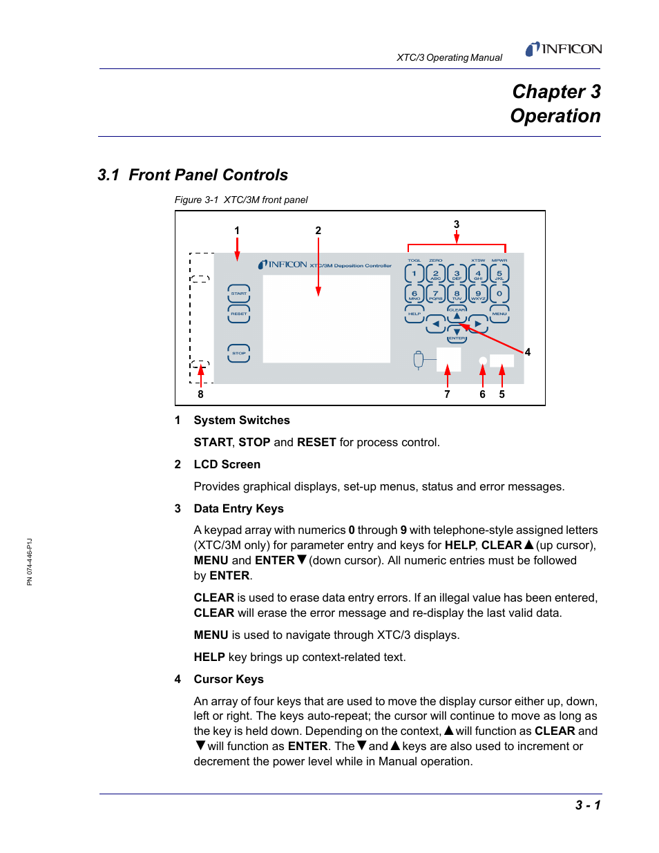 Chapter 3 operation, 1 front panel controls, Chapter 3 | INFICON XTC/3 Thin Film Deposition Controller Operating Manual User Manual | Page 47 / 216