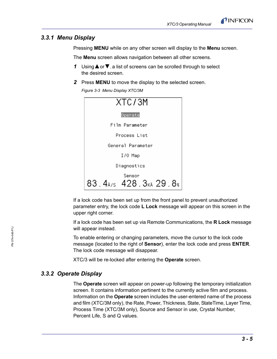 1 menu display, 2 operate display | INFICON XTC/3 Thin Film Deposition Controller Operating Manual User Manual | Page 51 / 216