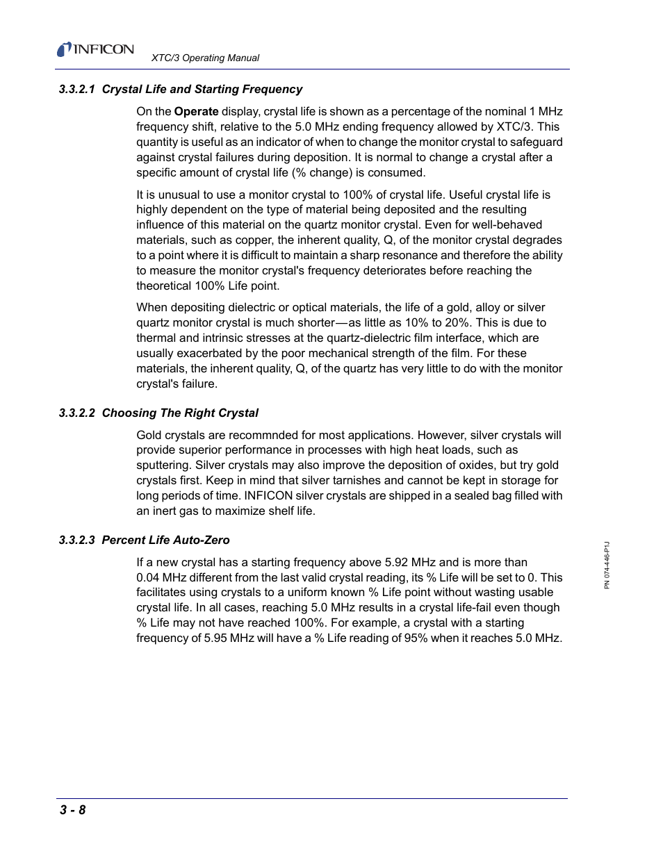 1 crystal life and starting frequency, 2 choosing the right crystal, 3 percent life auto-zero | INFICON XTC/3 Thin Film Deposition Controller Operating Manual User Manual | Page 54 / 216