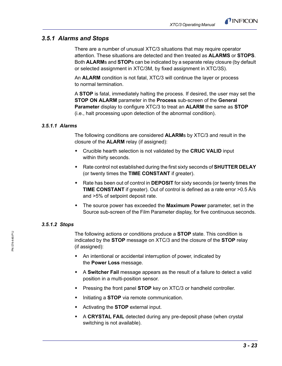 1 alarms and stops, 1 alarms, 2 stops | INFICON XTC/3 Thin Film Deposition Controller Operating Manual User Manual | Page 69 / 216