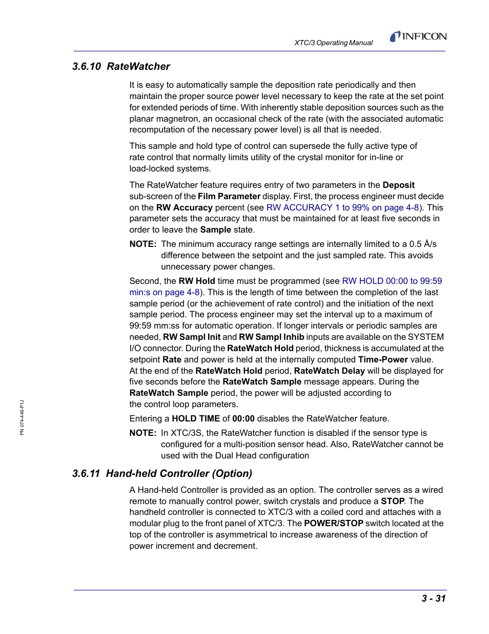 10 ratewatcher, 11 hand-held controller (option) | INFICON XTC/3 Thin Film Deposition Controller Operating Manual User Manual | Page 77 / 216