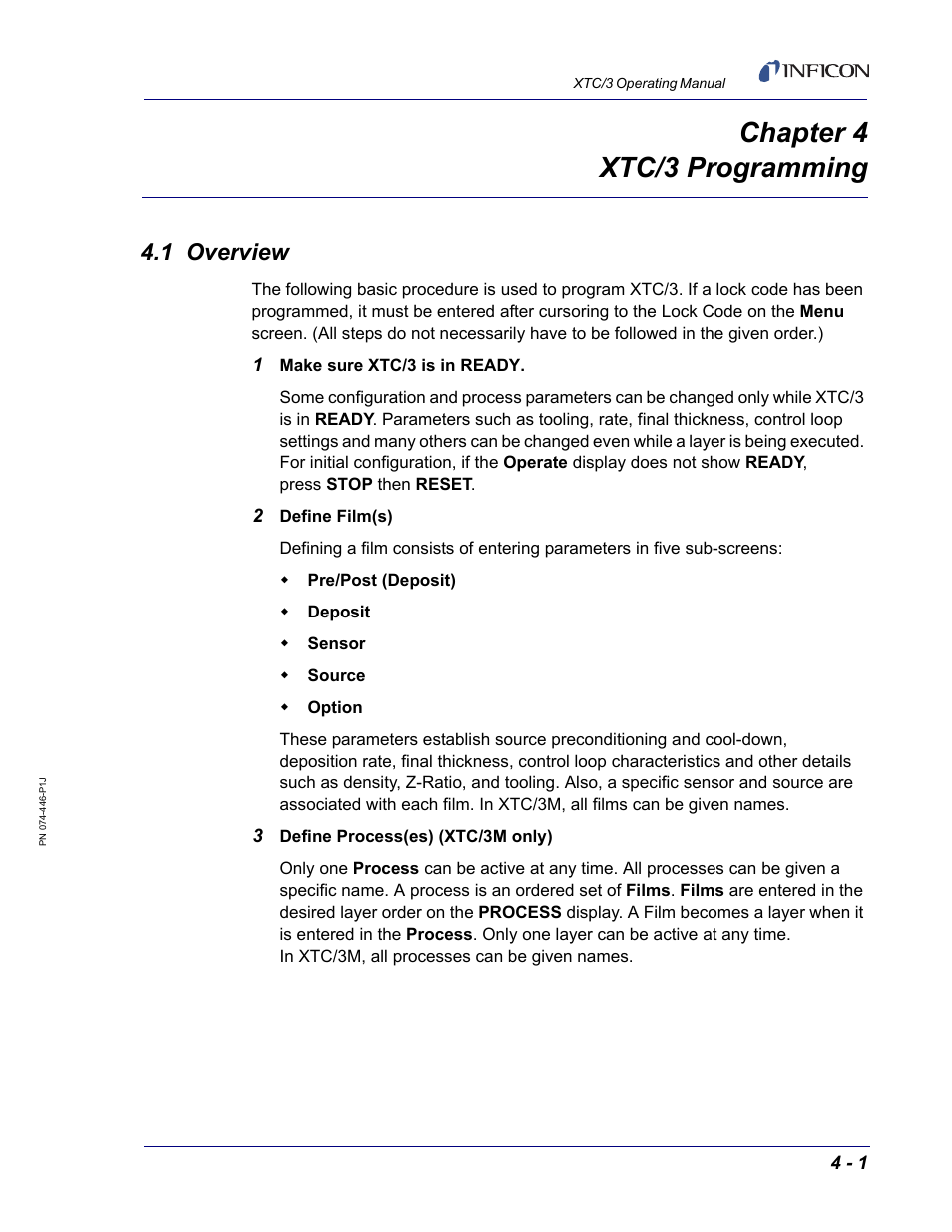 Chapter 4 xtc/3 programming, 1 overview, Chapter 4 | INFICON XTC/3 Thin Film Deposition Controller Operating Manual User Manual | Page 81 / 216