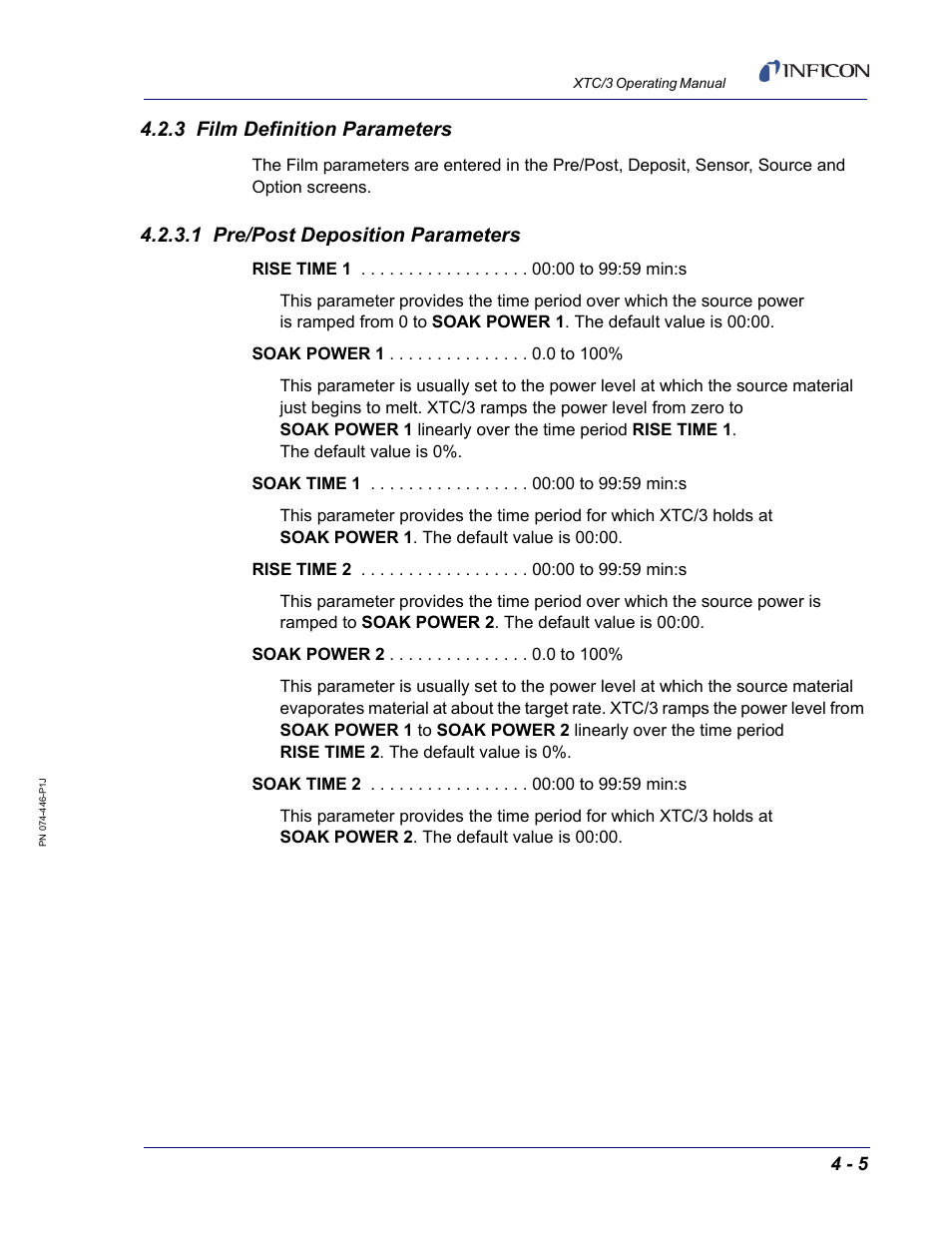 3 film definition parameters, 1 pre/post deposition parameters | INFICON XTC/3 Thin Film Deposition Controller Operating Manual User Manual | Page 85 / 216