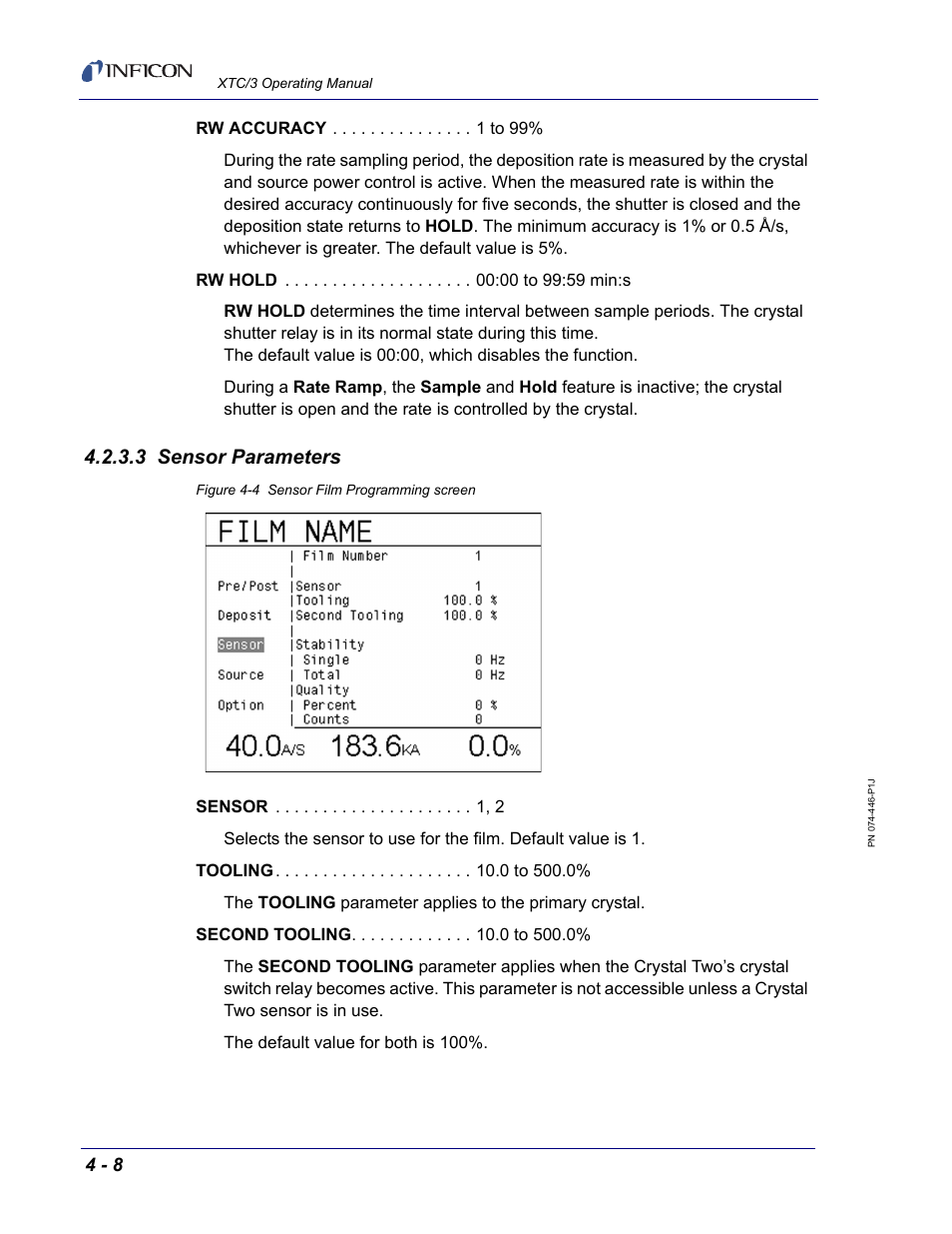 3 sensor parameters, This, Rw hold 00:00 to 99:59 | This is the length | INFICON XTC/3 Thin Film Deposition Controller Operating Manual User Manual | Page 88 / 216