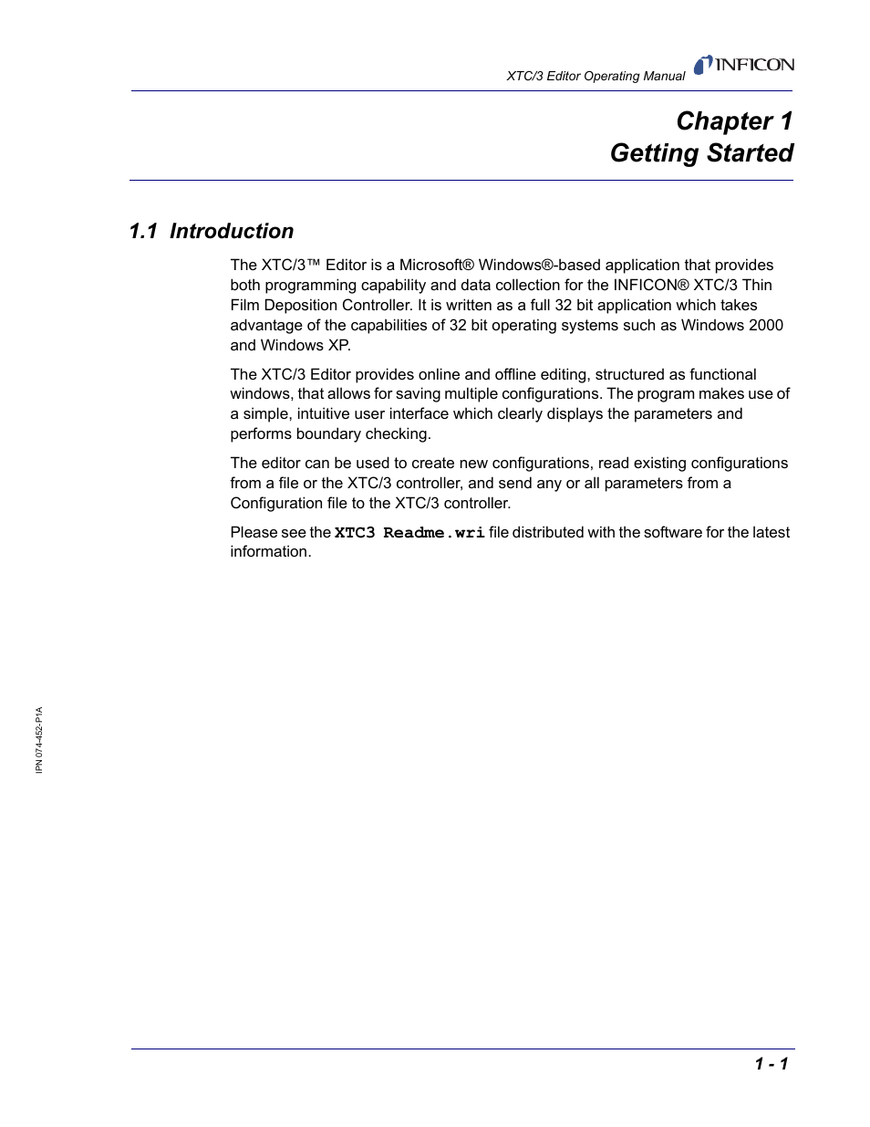 Chapter 1 getting started, 1 introduction, Chapter 1 | INFICON XTC/3 Thin Film Deposition Controller Software Editor Operating Manual User Manual | Page 13 / 80