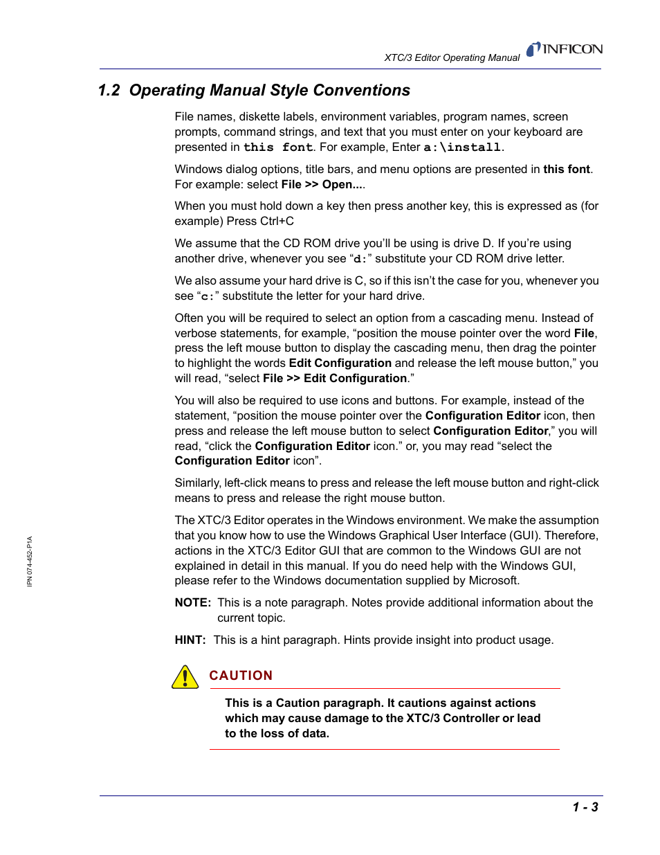 2 operating manual style conventions | INFICON XTC/3 Thin Film Deposition Controller Software Editor Operating Manual User Manual | Page 15 / 80