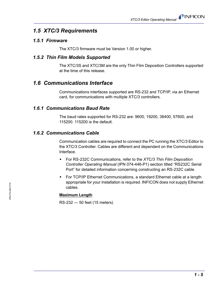 5 xtc/3 requirements, 1 firmware, 2 thin film models supported | 6 communications interface, 1 communications baud rate, 2 communications cable | INFICON XTC/3 Thin Film Deposition Controller Software Editor Operating Manual User Manual | Page 17 / 80