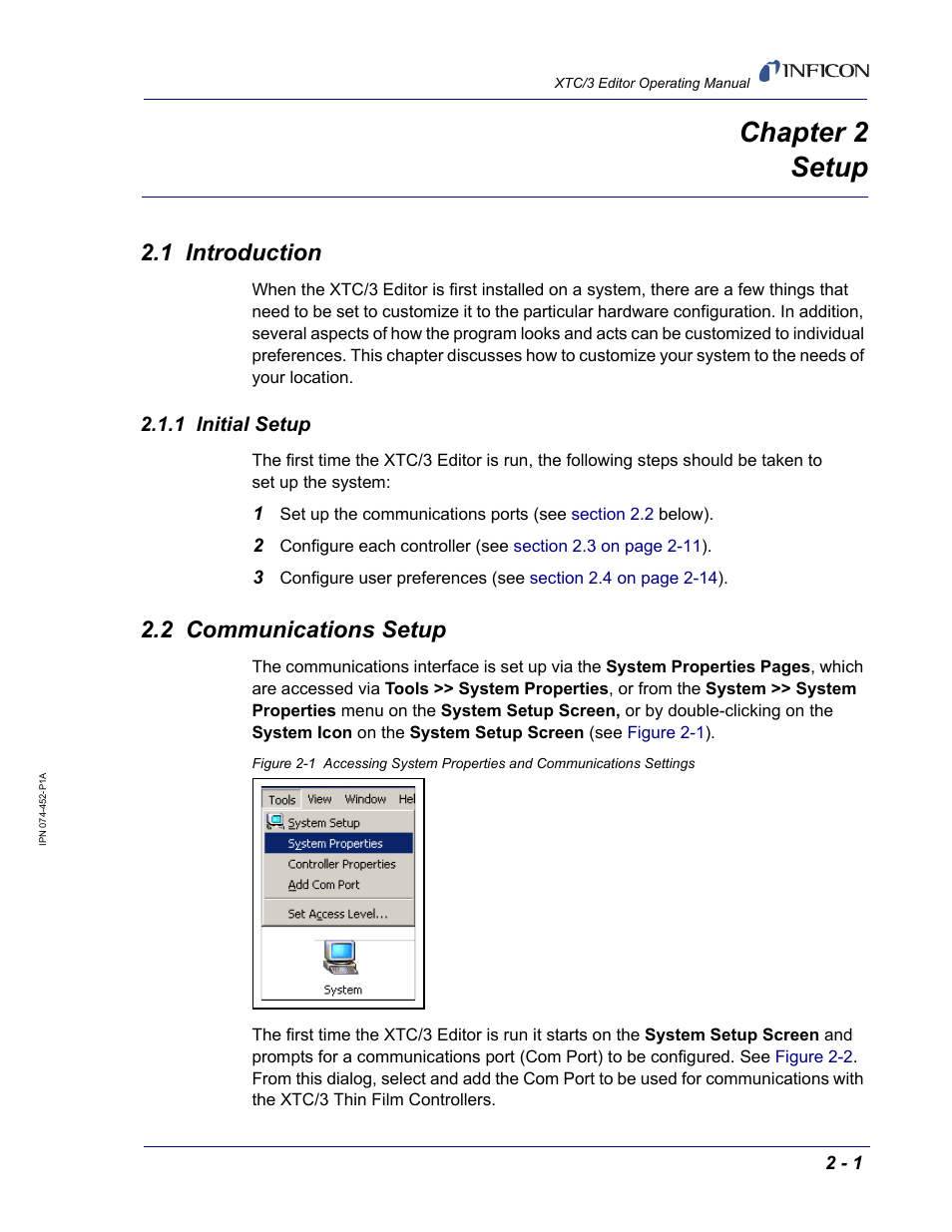 Chapter 2 setup, 1 introduction, 1 initial setup | 2 communications setup, Chapter 2, Chapter 2, setup | INFICON XTC/3 Thin Film Deposition Controller Software Editor Operating Manual User Manual | Page 25 / 80