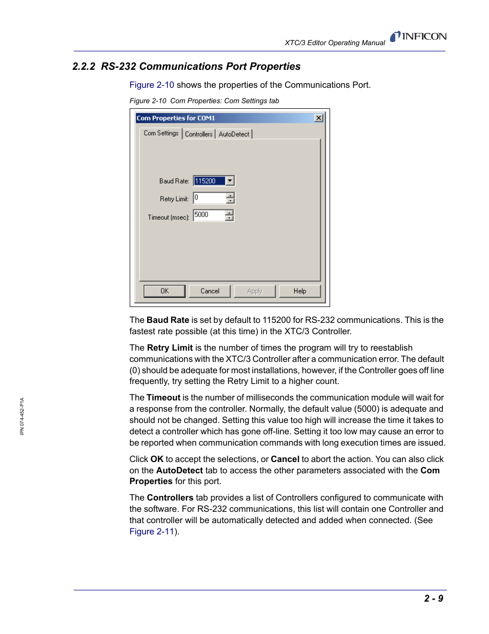 2 rs-232 communications port properties, Scribed in, Section 2.2.2 | INFICON XTC/3 Thin Film Deposition Controller Software Editor Operating Manual User Manual | Page 33 / 80