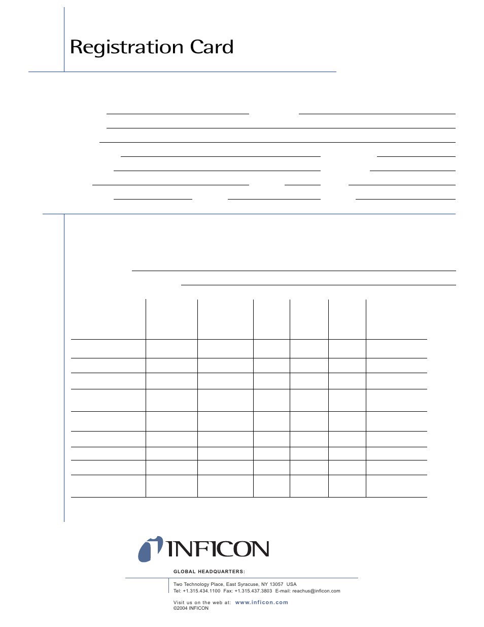 Registration card | INFICON XTC/3 Thin Film Deposition Controller Software Editor Operating Manual User Manual | Page 5 / 80