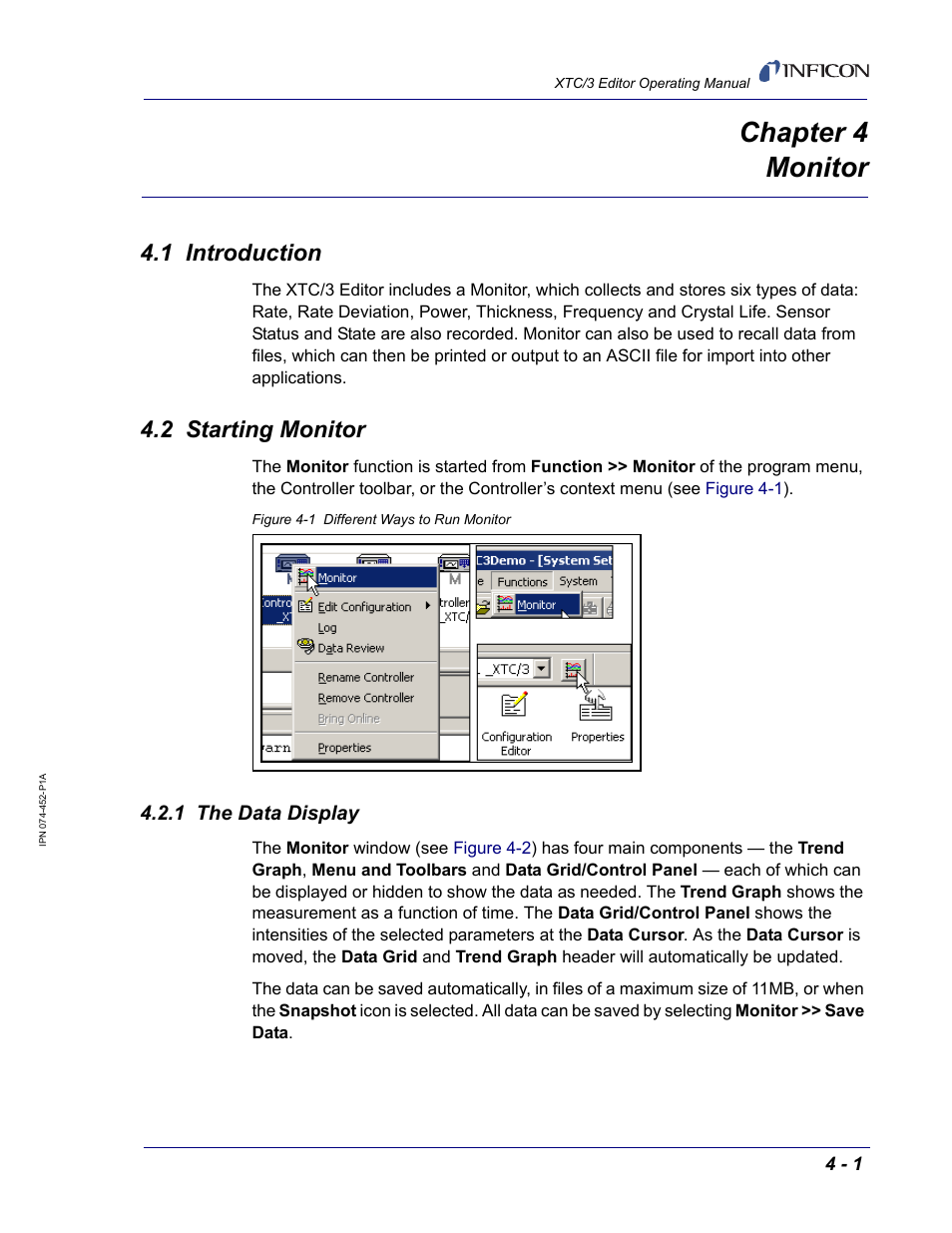 Chapter 4 monitor, 1 introduction, 2 starting monitor | 1 the data display, Chapter 4, Chapter 4, monitor | INFICON XTC/3 Thin Film Deposition Controller Software Editor Operating Manual User Manual | Page 63 / 80