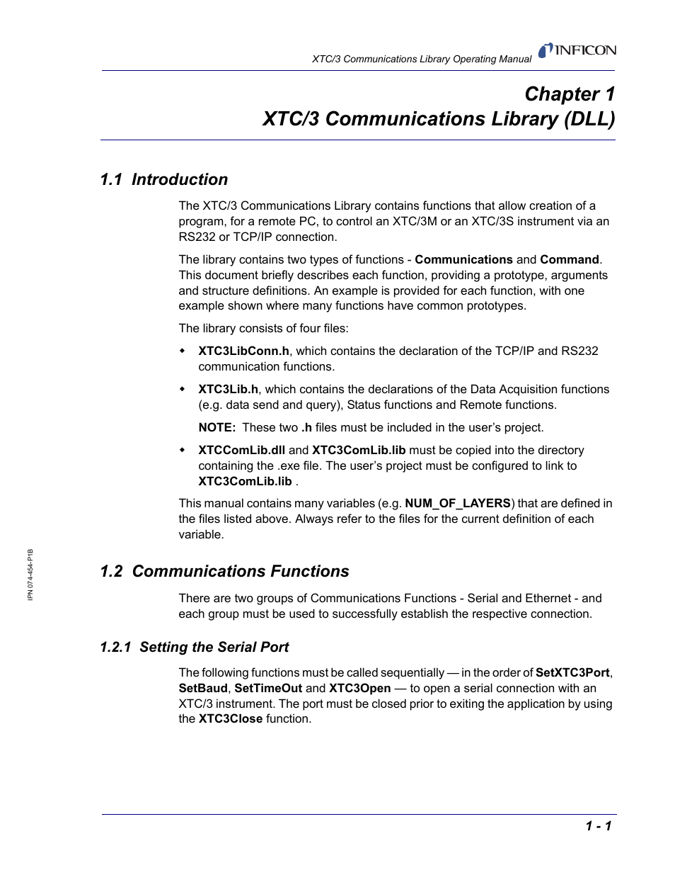 Chapter 1 xtc/3 communications library (dll), 1 introduction, 2 communications functions | 1 setting the serial port, Chapter 1 | INFICON XTC/3 Thin Film Deposition Controller Communications Library Operating Manual User Manual | Page 15 / 84