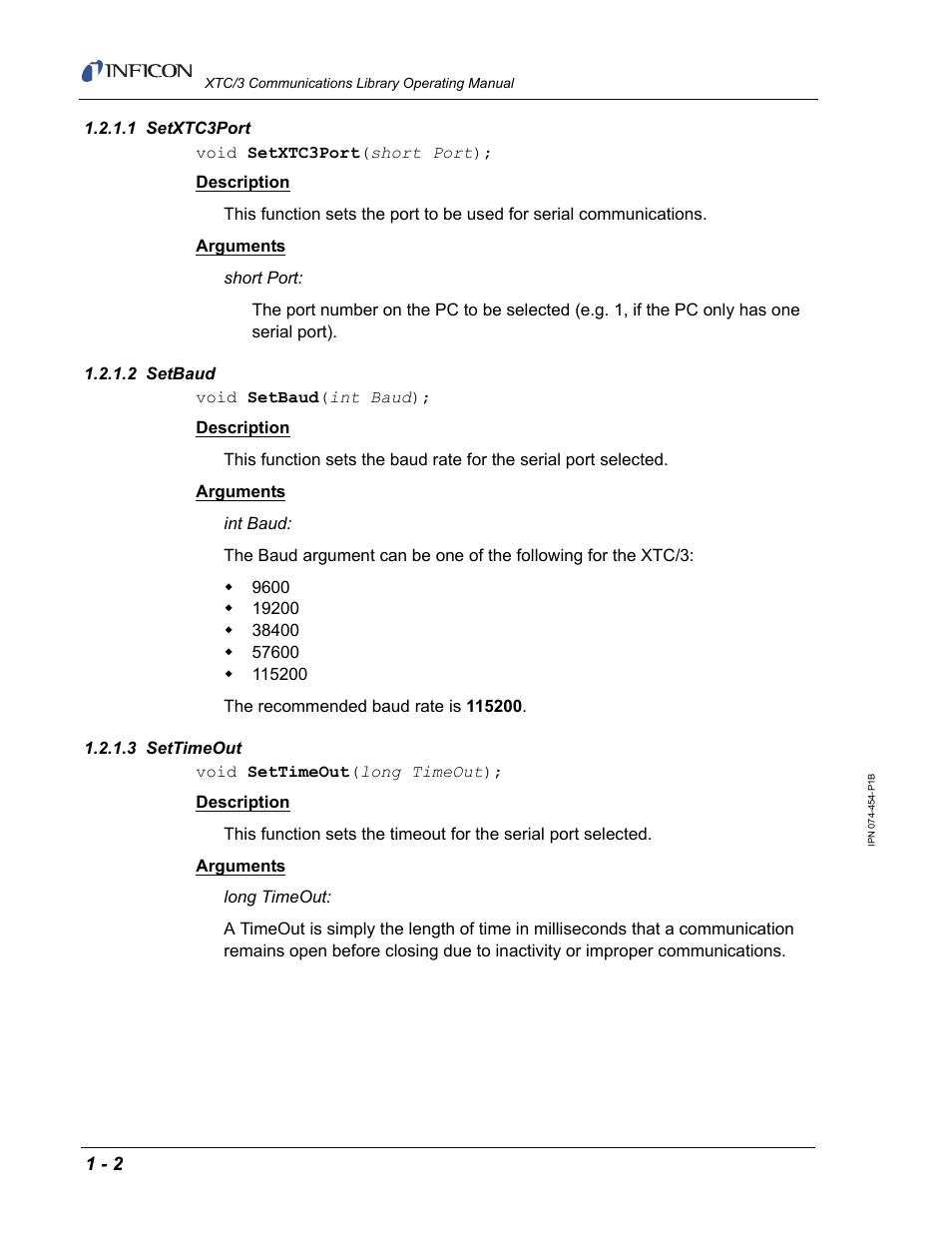 1 setxtc3port, 2 setbaud, 3 settimeout | INFICON XTC/3 Thin Film Deposition Controller Communications Library Operating Manual User Manual | Page 16 / 84