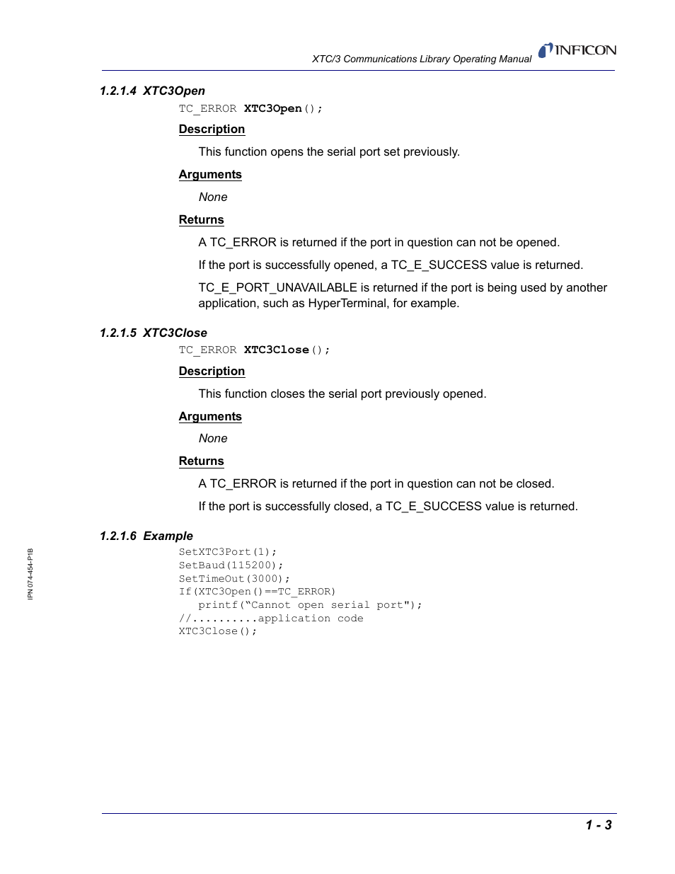 4 xtc3open, 5 xtc3close, 6 example | INFICON XTC/3 Thin Film Deposition Controller Communications Library Operating Manual User Manual | Page 17 / 84