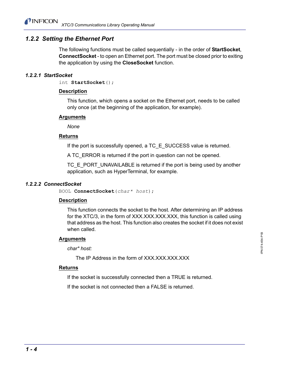 2 setting the ethernet port, 1 startsocket, 2 connectsocket | INFICON XTC/3 Thin Film Deposition Controller Communications Library Operating Manual User Manual | Page 18 / 84