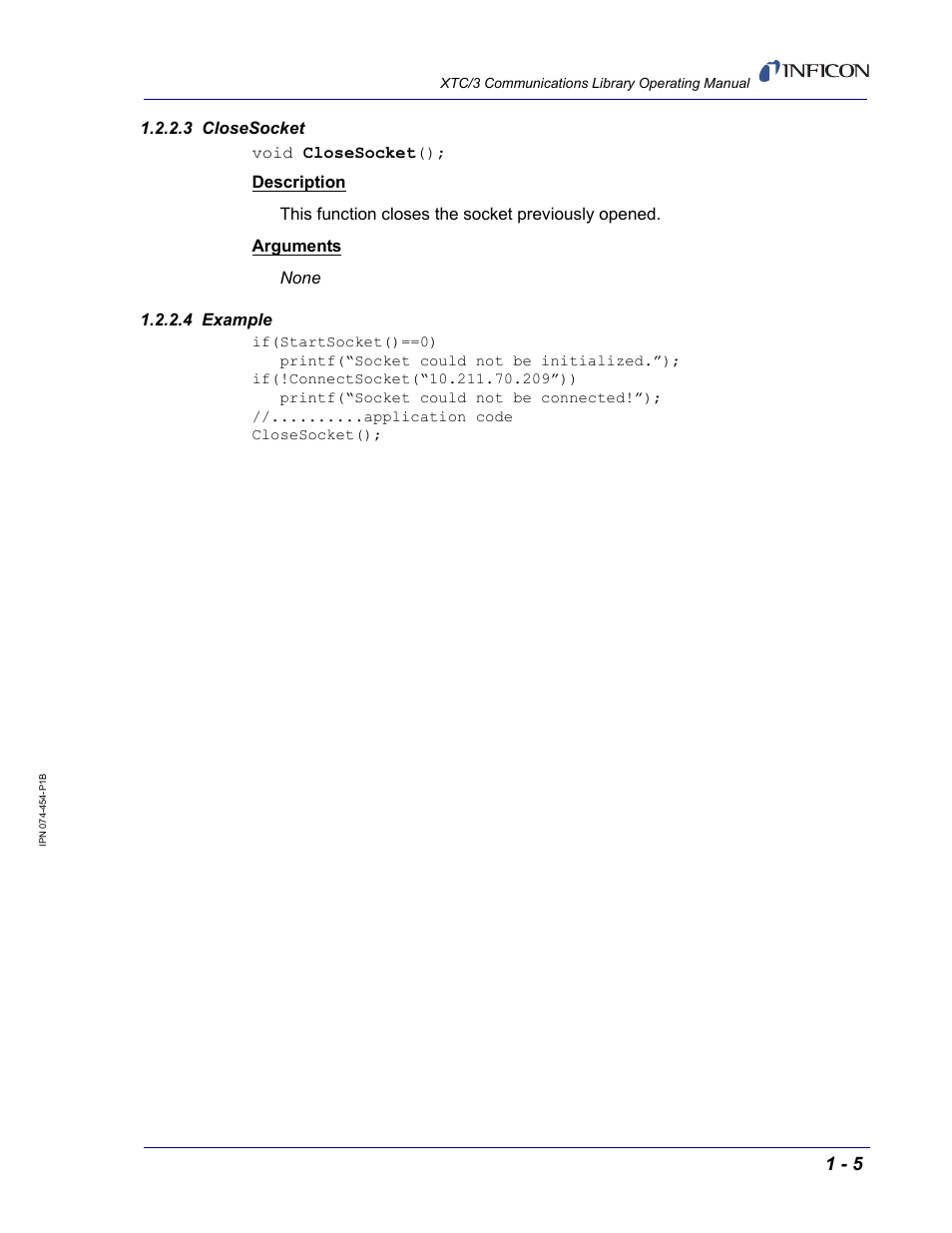 3 closesocket, 4 example | INFICON XTC/3 Thin Film Deposition Controller Communications Library Operating Manual User Manual | Page 19 / 84
