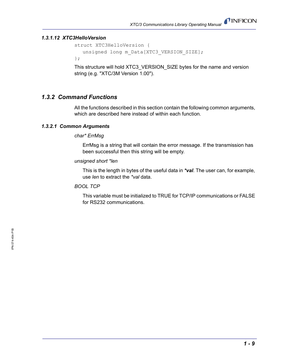 12 xtc3helloversion, 2 command functions, 1 common arguments | INFICON XTC/3 Thin Film Deposition Controller Communications Library Operating Manual User Manual | Page 23 / 84